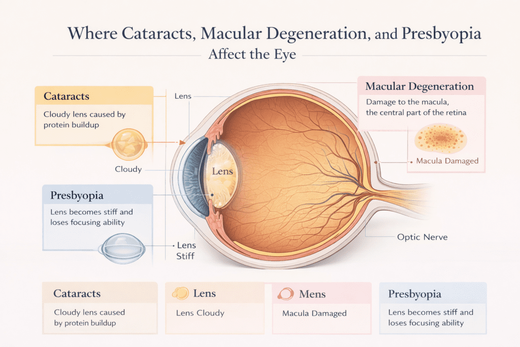 Cataracts vs. Macular Degeneration vs. Presbyopia